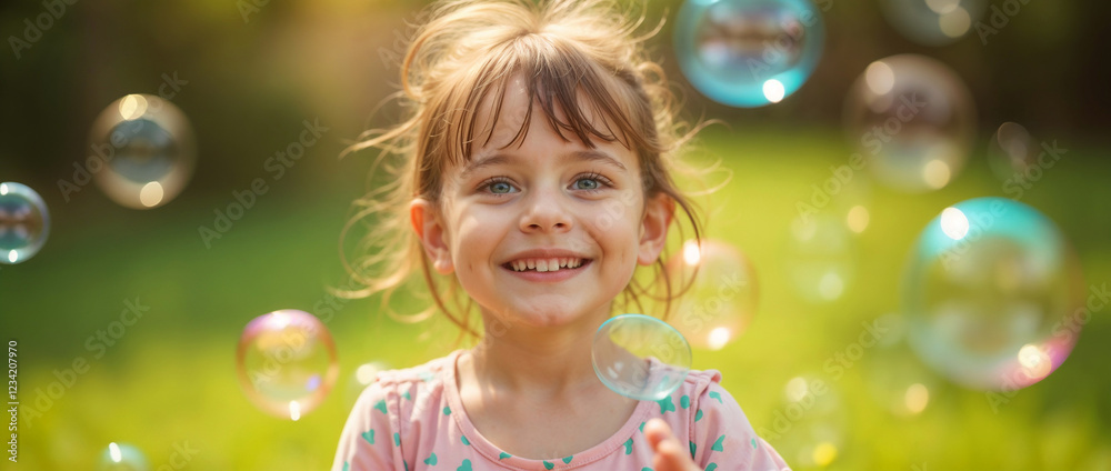 child playing with soap bubbles on a lawn, bright colors, sunny lighting child playing with soap bubbles on a lawn, bright colors, sunny lighting