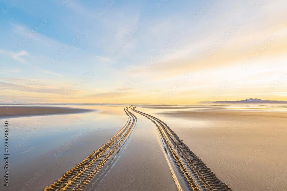 Fototapeta premium Tire tracks adorn wet sand at sunset