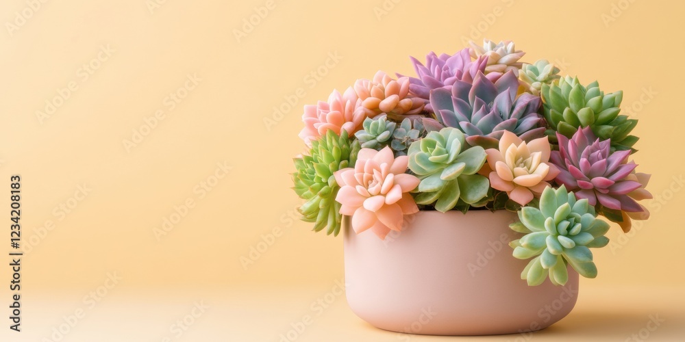 Fototapeta premium Succulent plants arrangement on pastel colored background. Potted succulent house plants. Flat lay, top view, copy space