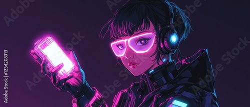 Rebellious Female Hacker with High-Tech Visor and Glowing Device photo