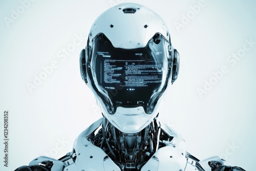 Detailed humanoid robot with transparent display showing futuristic AI-generated data photo