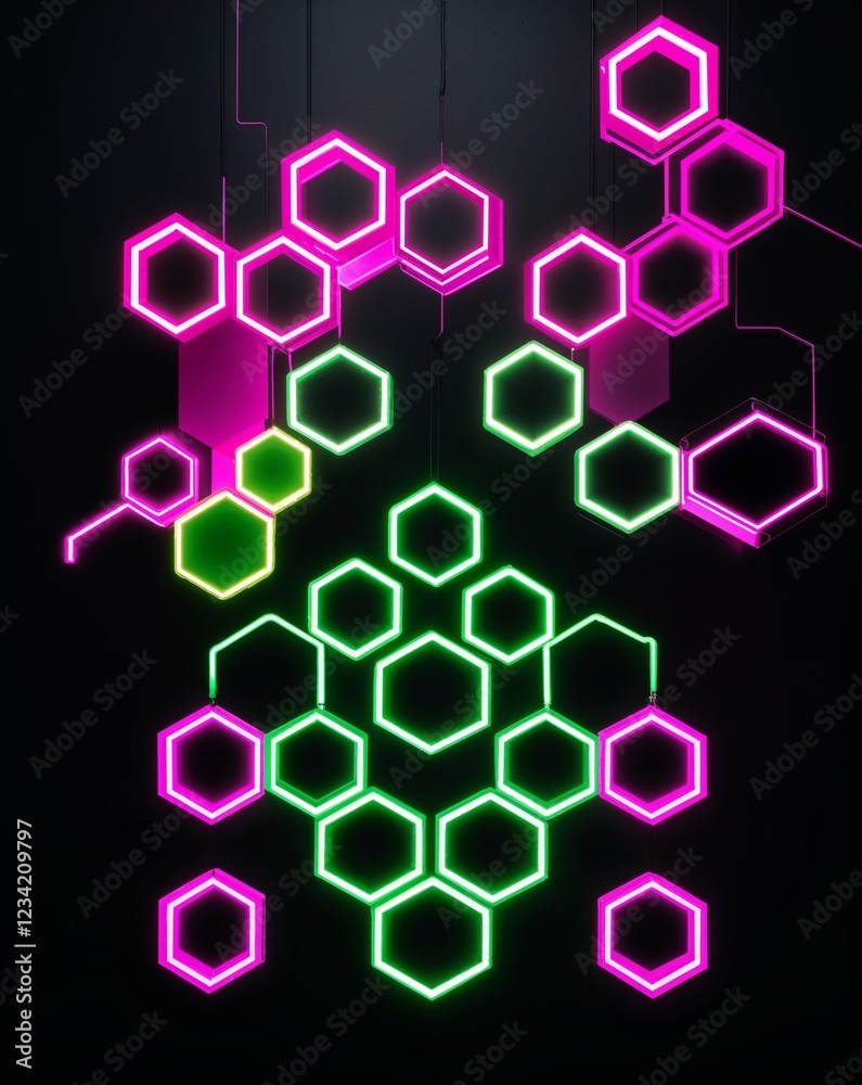 A neon pink to neon green hexagon light pattern on black background A neon pink to neon green hexagon light pattern on black background