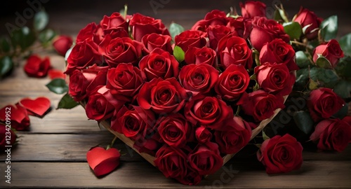 Red roses arranged in a heart shape on a wooden table, embodying the essence of love and passion beautifully. 