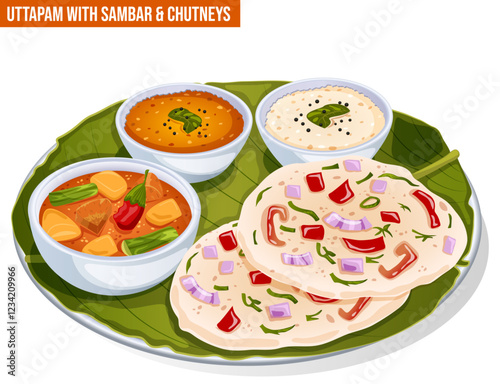 Uttapam with Sambar, Kara & Coconut Chutneys Served on Banana Leaf in Thali. Classic South Indian Tamil Breakfast Cuisine