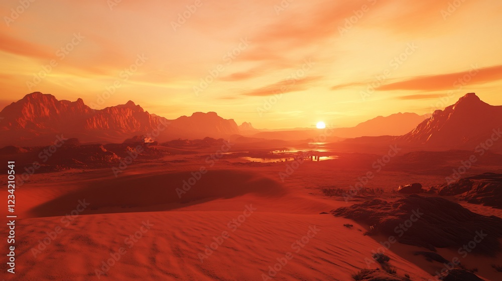 A vast desert landscape at sunset with reddish hues and rugged mountains in the distance A vast desert landscape at sunset with reddish hues and rugged mountains in the distance