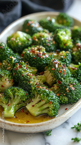Steamed broccoli with a light drizzle of olive oil, placed on a white plate with soft natural light in a clean food photography setup
