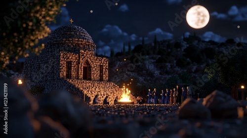 Nighttime Gathering at Ancient Ruins Under a Full Moon photo