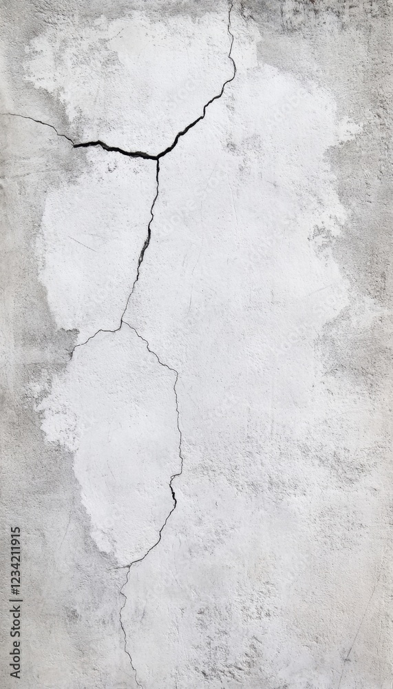 Obraz premium A large crack runs down a weathered, light-grey wall.