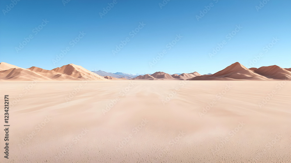Vast desert landscape, windswept dunes, mountain backdrop, clear sky, travel brochure Vast desert landscape, windswept dunes, mountain backdrop, clear sky, travel brochure