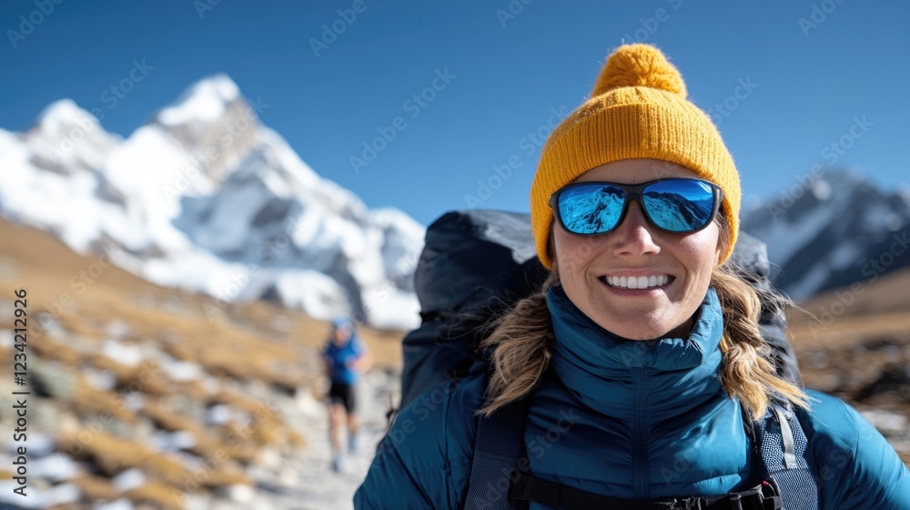 Smiling Adventurer in the Himalayas: A female hiker, glowing with a radiant smile, takes a break on a mountain trail with stunning snow-capped peaks rising in the background. Smiling Adventurer in the Himalayas: A female hiker, glowing with a radiant smile, takes a break on a mountain trail with stunning snow-capped peaks rising in the background.