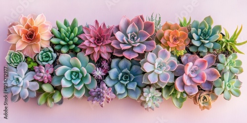 Succulent plants arrangement on pastel colored background. Potted succulent house plants. Flat lay, top view, copy space