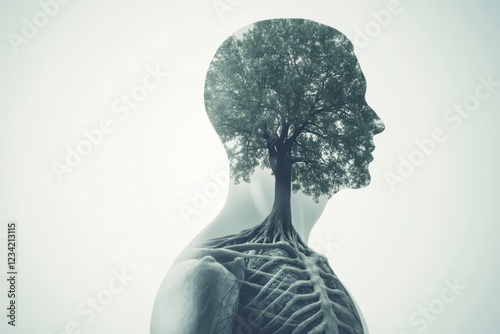 Minimalist double exposure of human figure with tree symbolizing growth photo