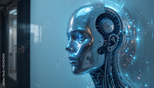  illustration of holographic human face in the wall, robotic head made of glossy iridescent material.
