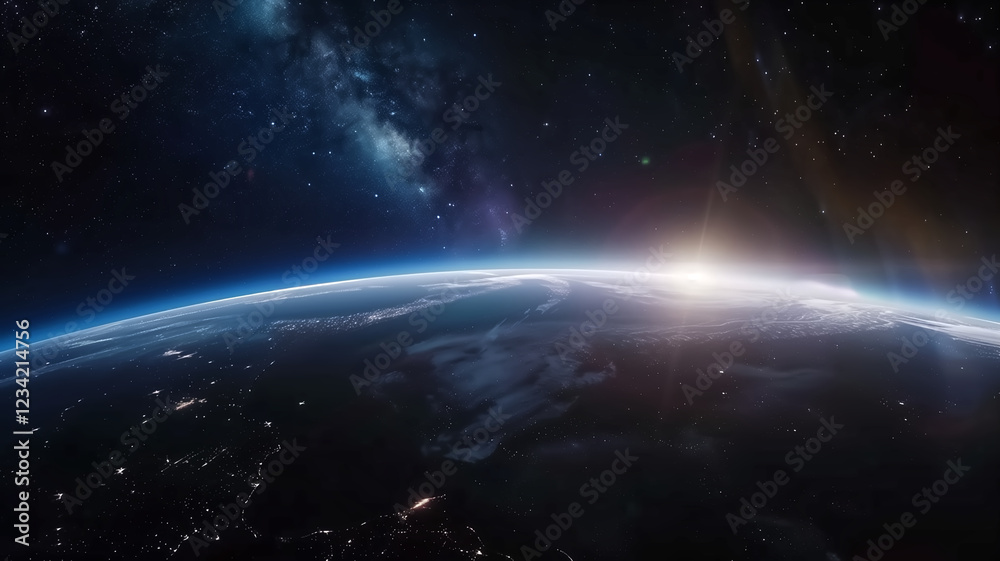 Fototapeta premium A breathtaking view of Earth from space, glowing sunrise on the