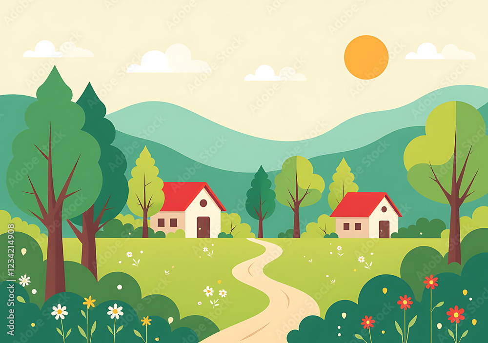 Naklejka premium cute vector illustration nature village forest scene showcasing peaceful park setting summer spring