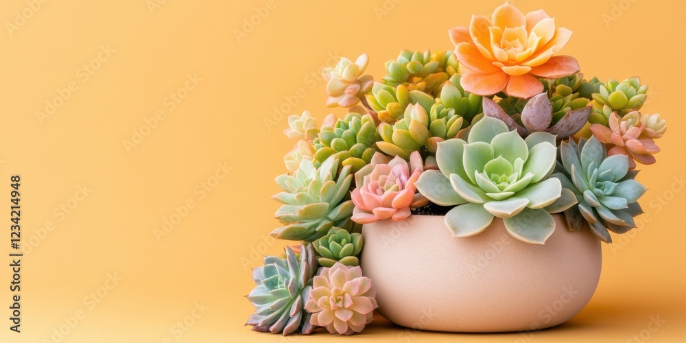 Fototapeta premium Succulent plants arrangement on pastel colored background. Potted succulent house plants. Flat lay, top view, copy space