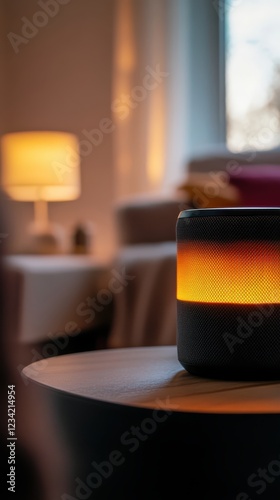 Modern home speaker with LED light glowing, voice command interaction photo