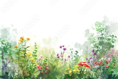 Summer garden border nature landscape painting.