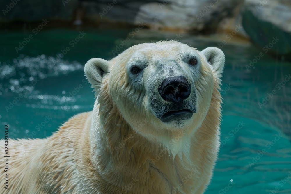 Fototapeta premium Polar bear swimming in blue water, enjoying a refreshing bath in its enclosure