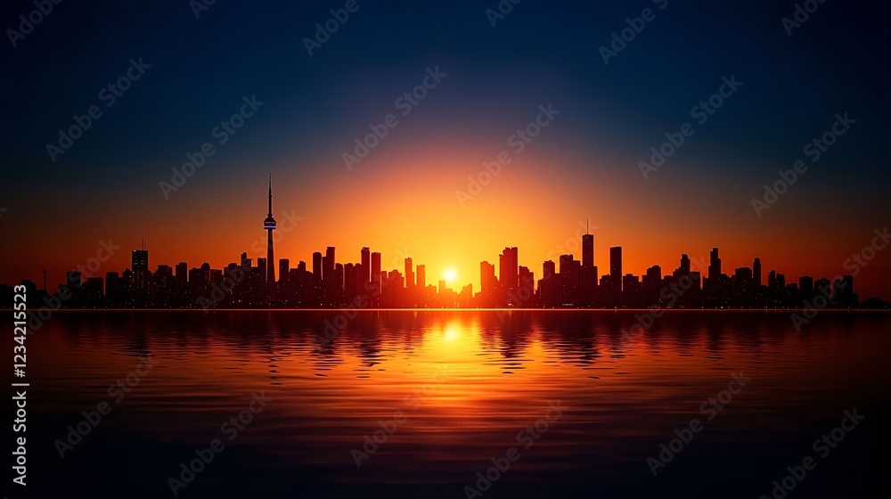 Fototapeta premium Dark Silhouette City Skyline at Vibrant Sunset with Water