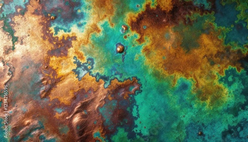 Abstract textured copper and verdigris surface with rich colors