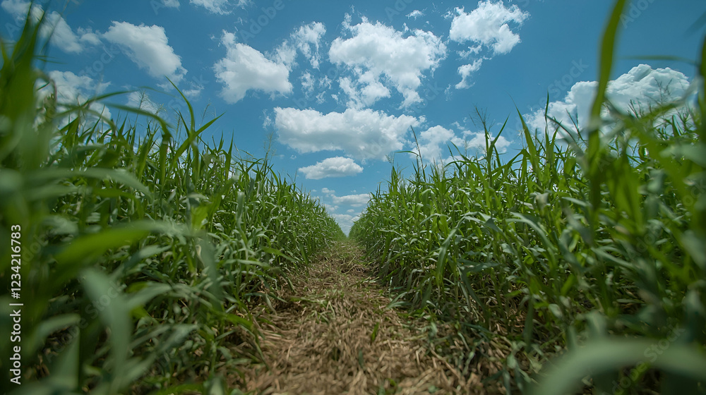 Obraz premium Lush green field path, summer sky, rural landscape, agriculture