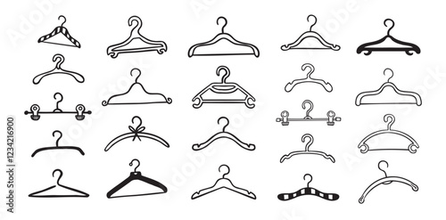 Hand drawn doodle clothes hangers set. Vector fashion hanger icon collection.