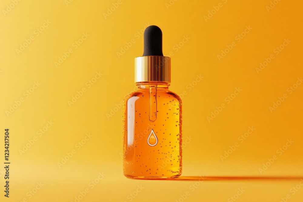 Vibrant dropper bottle with golden liquid against a bright orange background Vibrant dropper bottle with golden liquid against a bright orange background