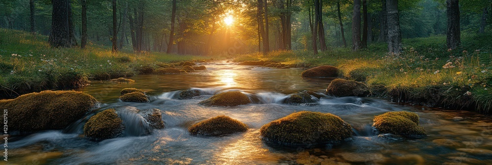 Golden Hour Serenity: A Tranquil Forest Stream at Sunset Golden Hour Serenity: A Tranquil Forest Stream at Sunset