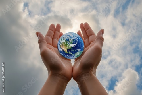 Cupped hands holding globe merging into cloudy sky, symbolizing responsibility photo