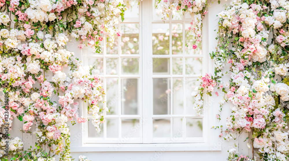 Fototapeta premium Elegant wedding photography backdrop featuring a white window adorned with beautiful flowers
