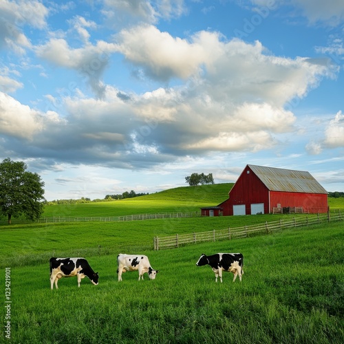 Rural dairy farm with cows grazing, rustic barn under cloudy sky photo