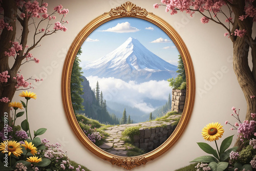 detailed artwork oval frame misty mountainous landscape photo