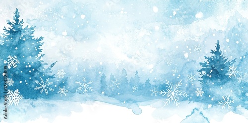 Watercolor Winter Scene with Snowflakes and Trees