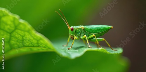 Nymph of sickle bush cricket resting on Lunaria annua leaf, insect photography, insect photo