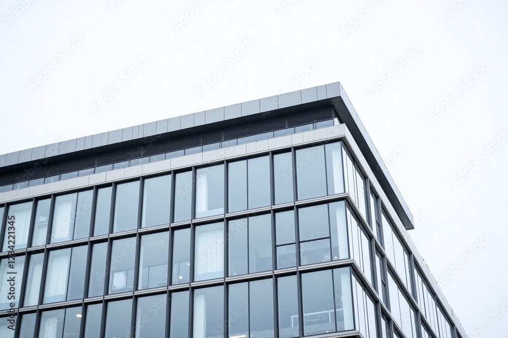 Modern building's facade shows grid of windows from low angle Modern building's facade shows grid of windows from low angle