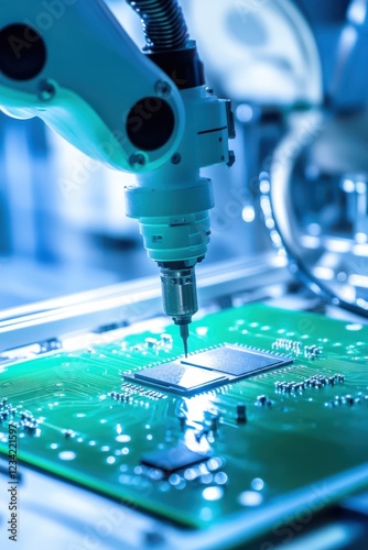 Precision robotic arm placing microchip onto circuit board under lab lighting photo