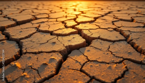 Cracked earth at sunset highlighting drought and climate change impact