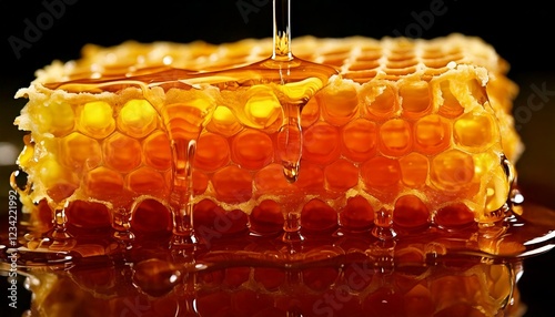 honeycomb dripping with honey, close-up macro 