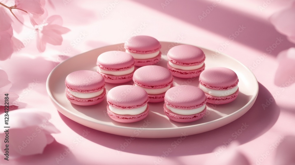 Pink macarons filled with beet and lemon cream, served on a pink plate. Monochrome, paper backgrounds, minimalism Pink macarons filled with beet and lemon cream, served on a pink plate. Monochrome, paper backgrounds, minimalism