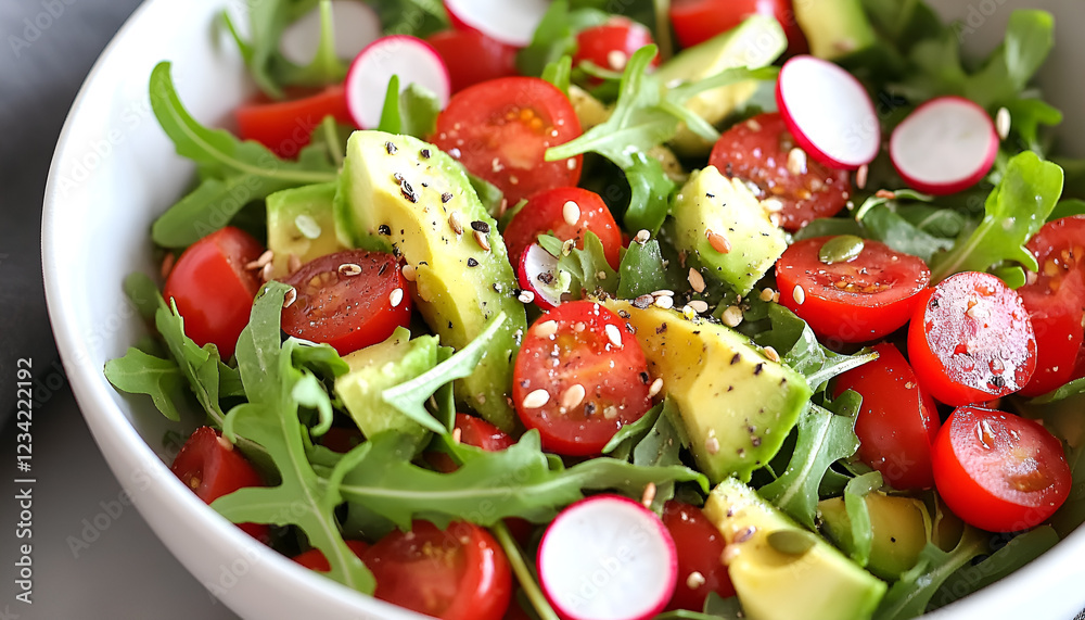 Diet menu. Healthy salad of fresh vegetables - tomatoes, avocado, arugula, radish and seeds on a bowl. Vegan food. Flat lay. Banner. Top view