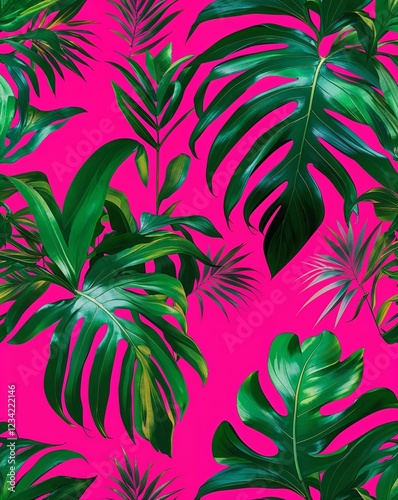 Bright green tropical leaves on a bold fuchsia background