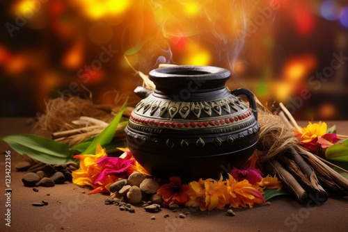 Aromatic smoke rising from a decorated clay pot, surrounded by incense, flowers, and stones, evokes a sense of tranquility and peace photo