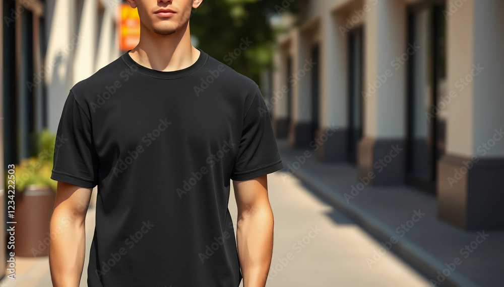 Young Male Model Wearing Black T-shirt on Street – Shirt Mockup Template for Design Print Placement on Casual Hipster Style Young Male Model Wearing Black T-shirt on Street – Shirt Mockup Template for Design Print Placement on Casual Hipster Style