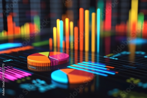 Colorful data visualization showcasing pie charts and bar graphs on a dark background during a tech presentation photo