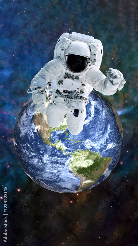 An astronaut in a white spacesuit floating in space during a spacewalk, with Earth visible below and a starry space background with nebulae. Elements of 3D rendered illustration were furnished by NASA
