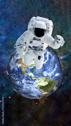 Obraz na płótnie An astronaut in a white spacesuit floating in space during a spacewalk, with Earth visible below and a starry space background with nebulae. Elements of 3D rendered illustration were furnished by NASA w salonie