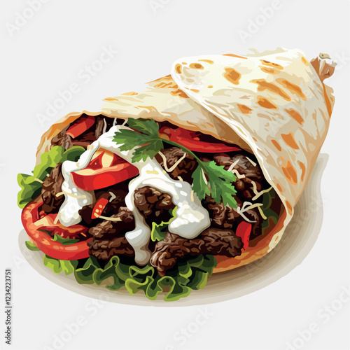 illustration, meal, food, vector, shawarma, drawing, cuisine, restaurant, tasty, wrap, meat, sandwich, cartoon, design, roll, isolated, background, delicious, lunch, fastfood, vegetable, icon, snack, 