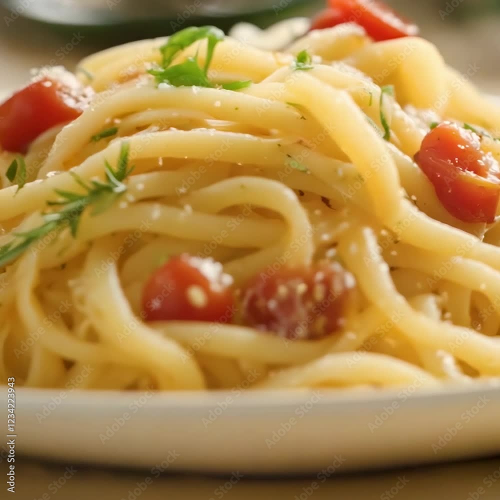 Close up of bucatini pasta seasoned with herbs, parmesan cheese, and sauteed cherry tomatoes. Close up of bucatini pasta seasoned with herbs, parmesan cheese, and sauteed cherry tomatoes.