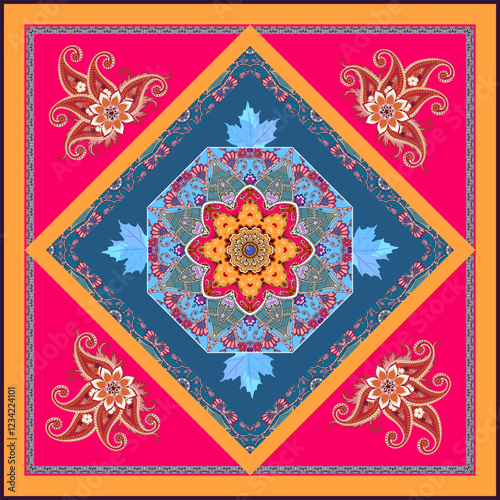 Beautiful square shawl with bright floral mandala in center. Colorful bandana print with ethnic motifs.